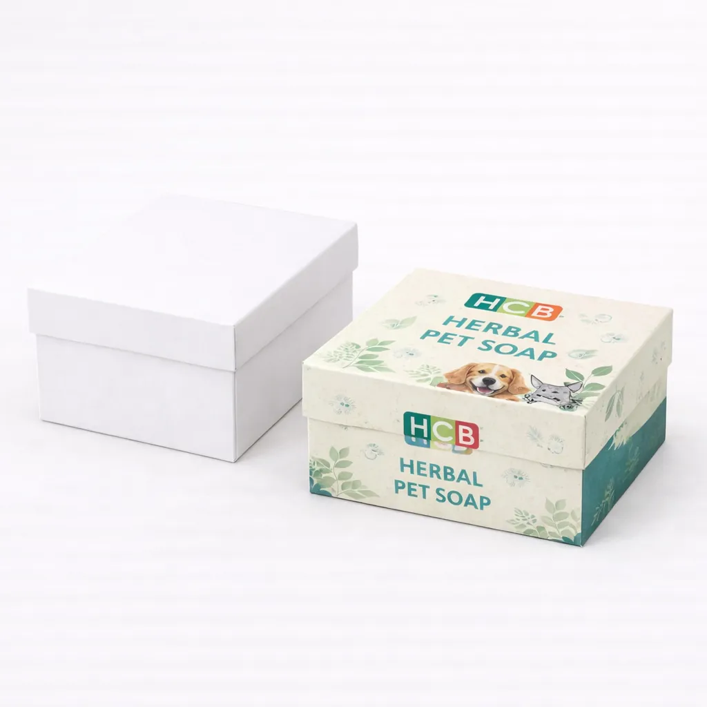 Two open flat-style cardboard boxes, one blank white and one with a colourful sitting dog illustration. class=